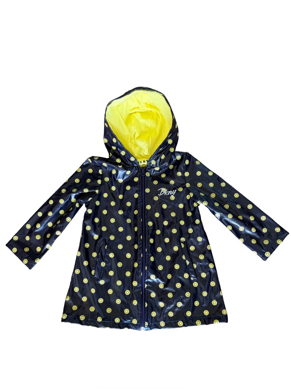 DKNY Baby Girls 24M Navy Yellow Daisy Print Hooded Raincoat Jacket